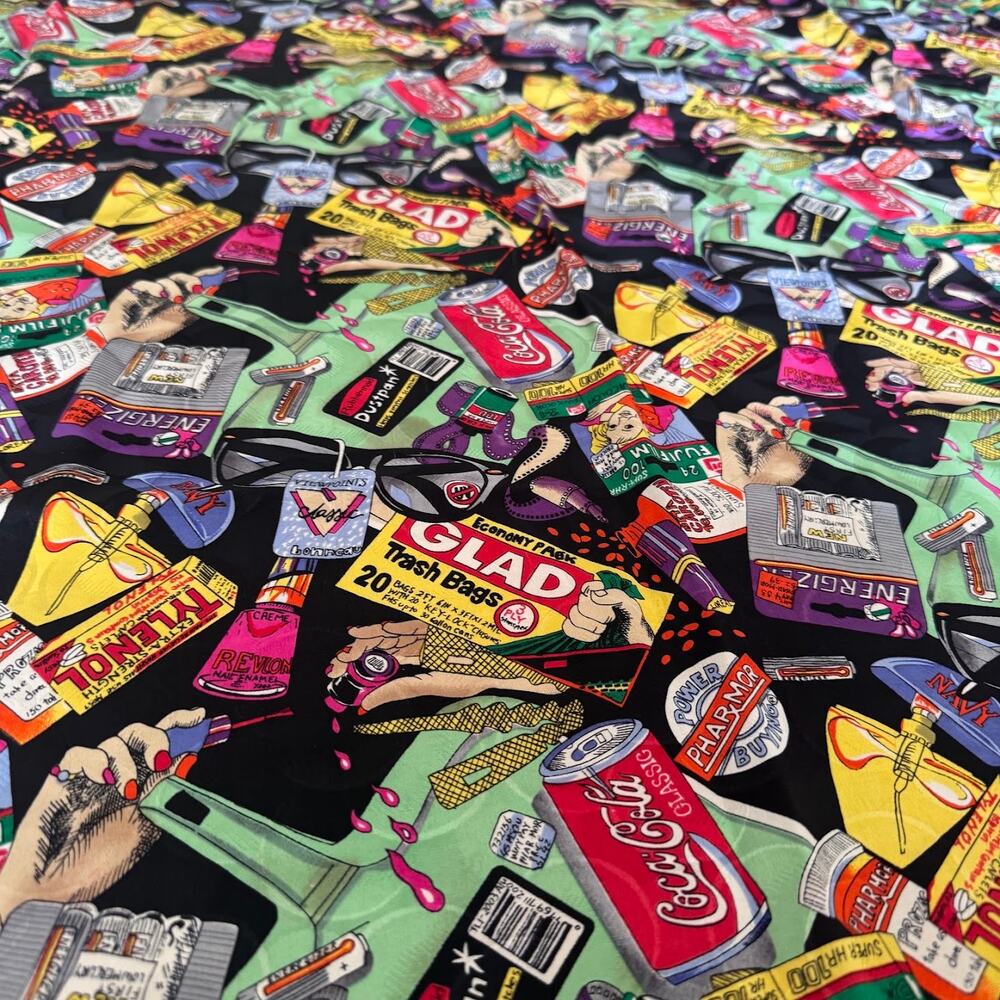 Vintage Nicole Miller 1991 Novelty Pop Art Drug Store Pharmacy Print Silk Scarf